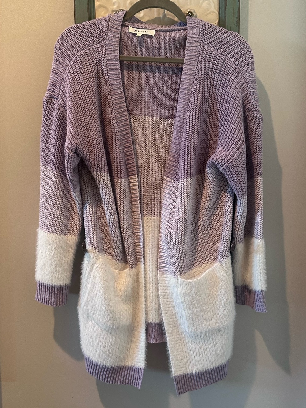 Miracle USA Lavender Colorblock Open Front Eyelash Knit Cardigan M/L